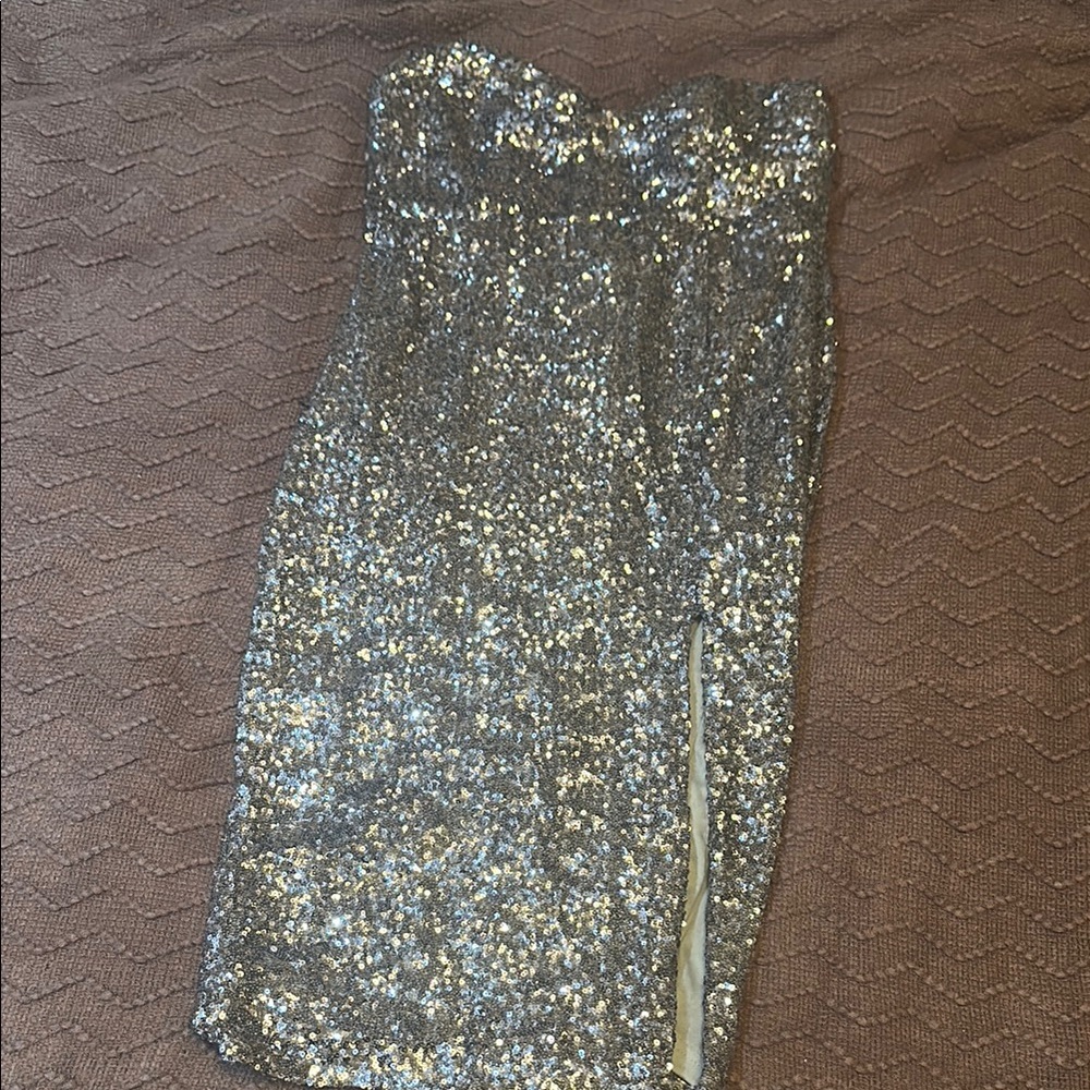 Silver Sequin Strapless Dress